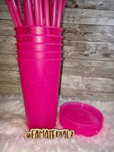 Load image into Gallery viewer, 24oz Glitter Neon Pink Plastic cups (Set of 5)