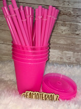 Load image into Gallery viewer, 16oz Glitter Neon Pink Plastic cups (Set of 5)